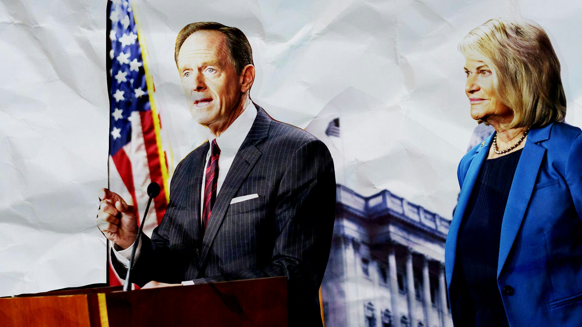  Sen. Pat Toomey, R-Penn., speaks as Sen. Cynthia Lummis, R-Wyoming, listens at a press conference at the U.S. Capitol Monday. Photo: Bloomberg. Illustration: Mike Sullivan