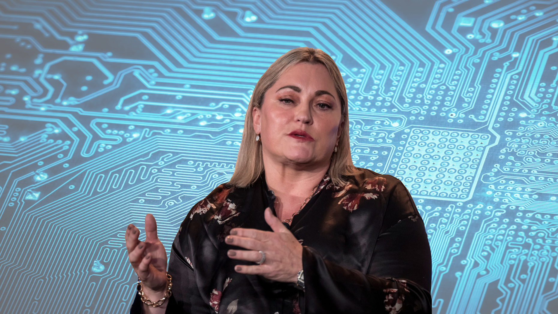 Ampere Computing CEO Renée James. Collage by Joanna Lin Su. Photo by Bloomberg