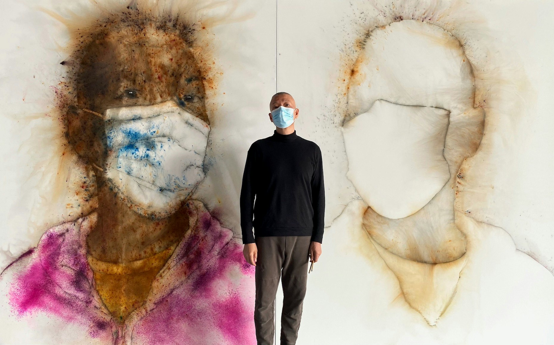 Artist Cai Guo-Qiang and his self-portrait Exploding the Self, which is being sold as an NFT next month. Photo by Luo Sang, courtesy of Cai Studio.