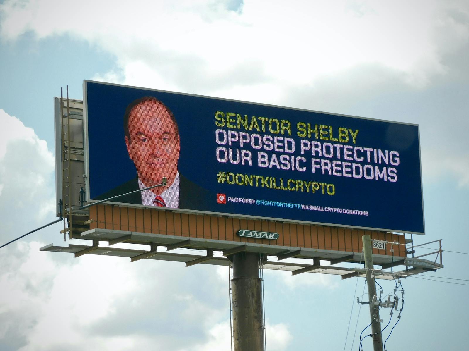 A billboard in Birmingham, Ala. opposing crypto tax reporting requirements in the infrastructure bill. Photo: Fight for the Future
