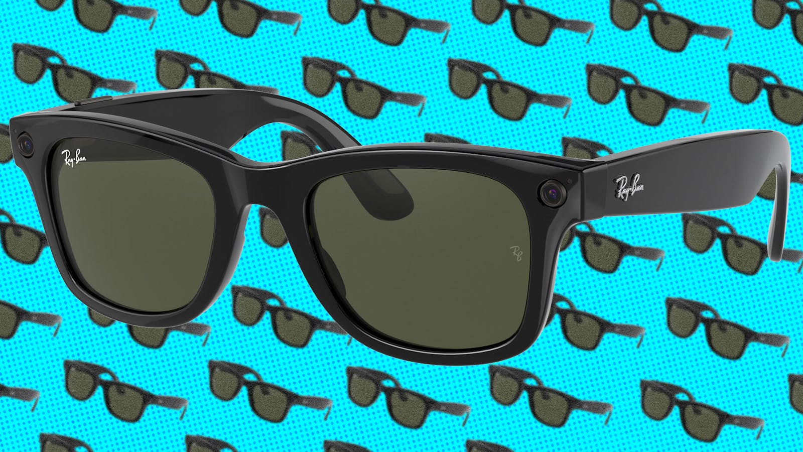 Photo of Facebook's Ray-Ban Stories glasses (with Wayfarer frames). Illustration by Mike Sullivan