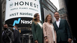 Honest Co's co-founder Jessica Alba with Nasdaq CEO Adena Friedman and Honest Co CEO Nick Vlahos the day Honest went public in May. Photo by Bloomberg.