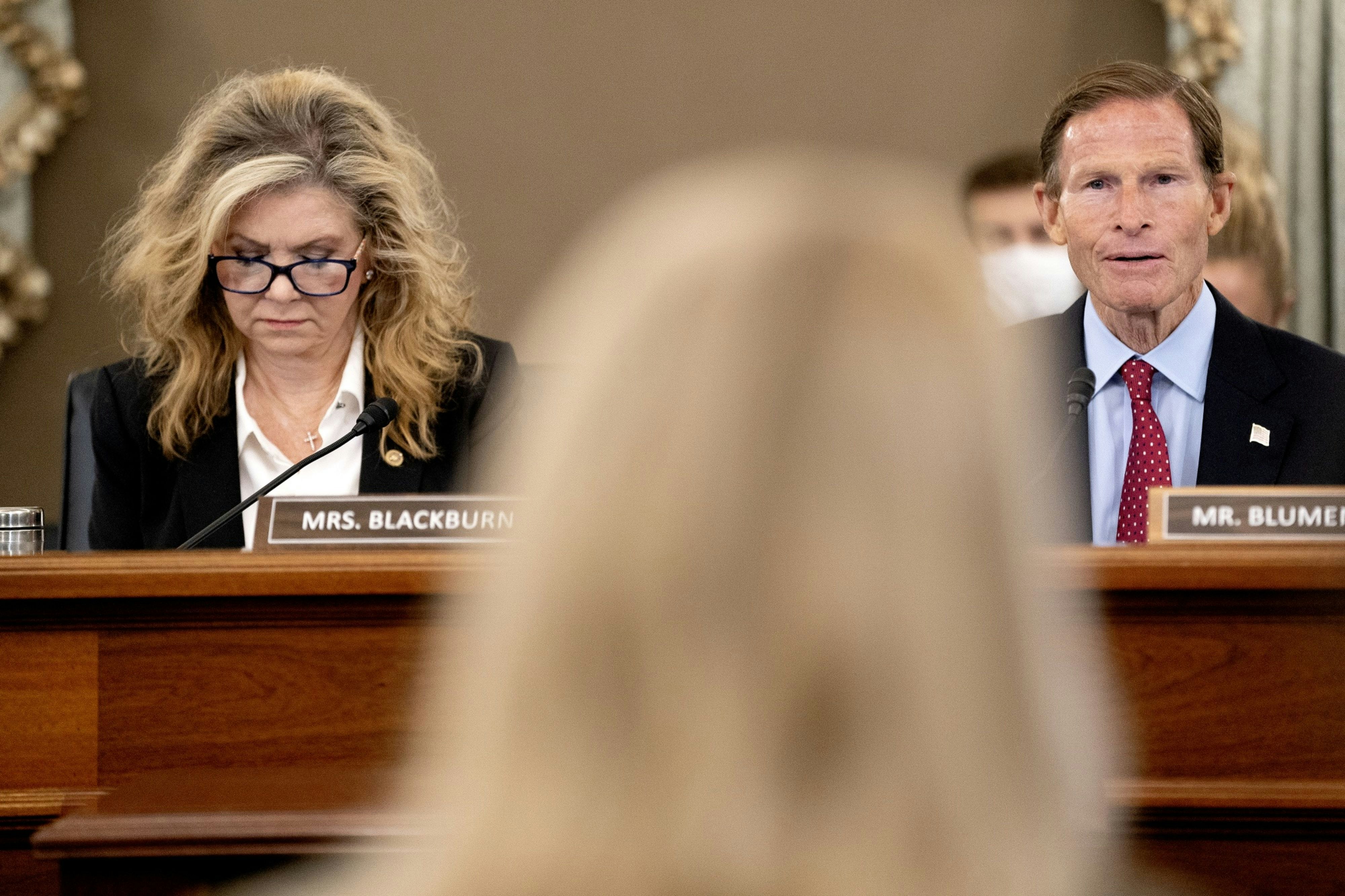 Senators Marsha Blackburn and Richard Blumenthal as Frances Haugen testified today. Photo by Bloomberg.