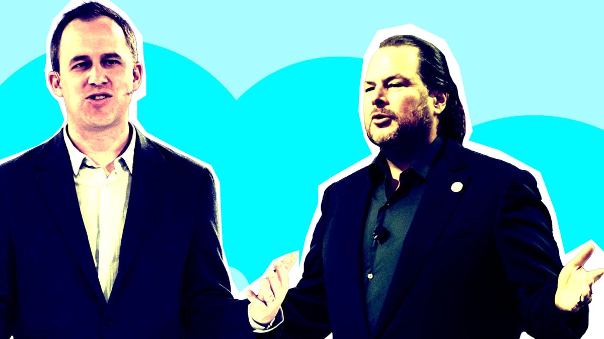 Salesforce's Bret Taylor (left) and Marc Benioff. Photos by Bloomberg. Art by Mike Sullivan