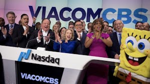 ViacomCBS executives, and SpongeBob, celebrate the merger of Viacom and CBS in 2019. Photo by Bloomberg.