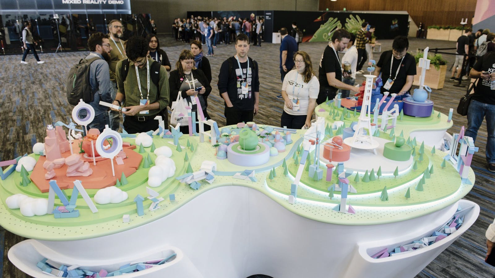 Attendees at Facebook's 2019 Connect event gather around a Horizon display. Photo: Bloomberg