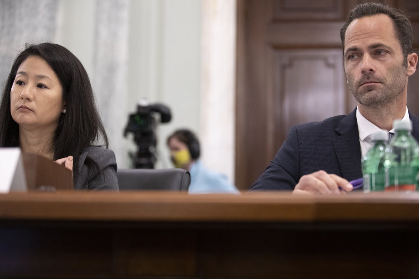 Jennifer Stout, vice president of global public policy at Snap, and Michael Beckerman, Americas vice president and head of public policy at TikTok, in a Senate hearing Tuesday.