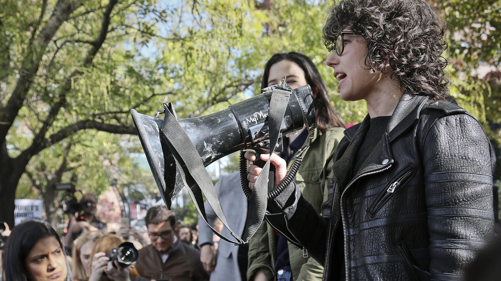 Meredith Whittaker, a research scientist at NYU, addresses Google employees during a protest rally in New York in 2018. Photo by Bloomberg