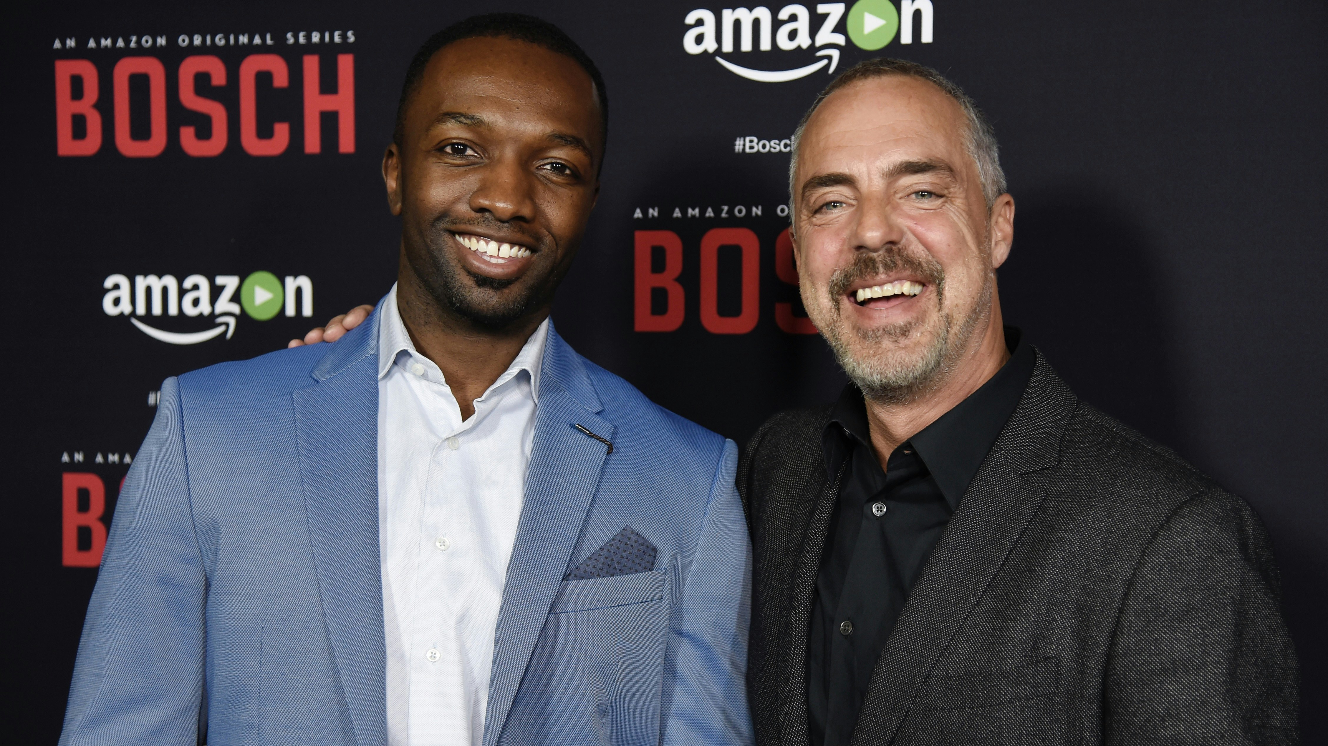 Jamie Hector and Titus Welliver at a premiere for Amazon Prime Video's Bosch, a spin-off of which is destined for IMDB. Photo by AP.