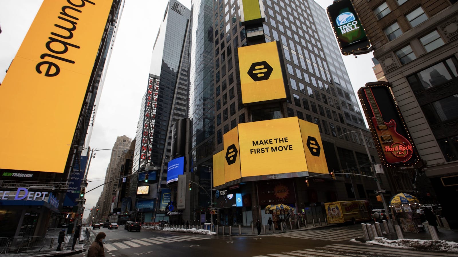 Signage for Bumble on the day the company went public on the Nasdaq earlier this year. Photo by Bloomberg.