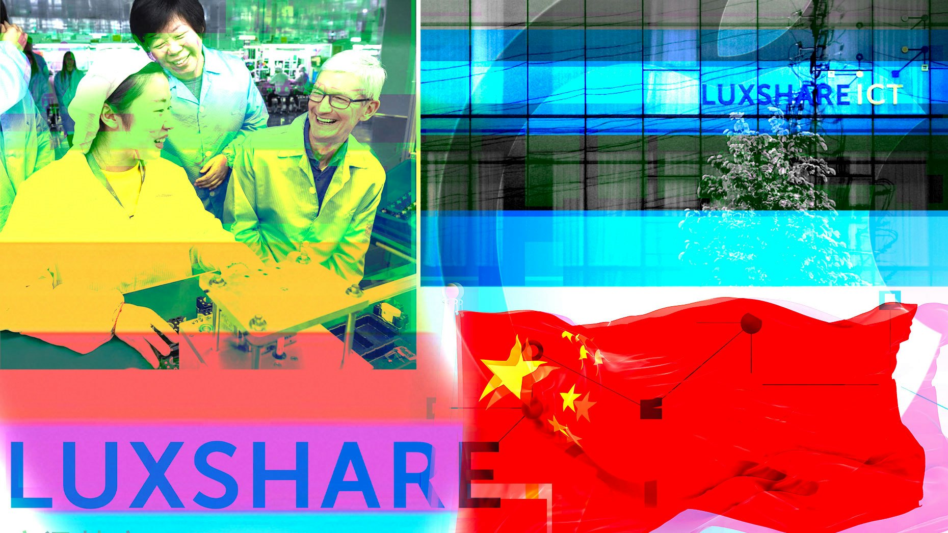 Apple CEO Tim Cook at an AirPods production line with Luxshare CEO Grace Wang (standing behind Cook) in 2017. Photos by Bloomberg; Shutterstock; Luxshare. Art by Mike Sullivan