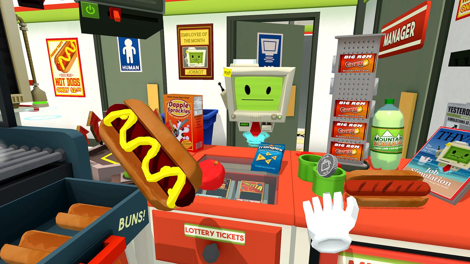 Job Simulator is a non-violent hit VR game, rated appropriate for ages 10+ by the ESRB. Image: Owlchemy Labs