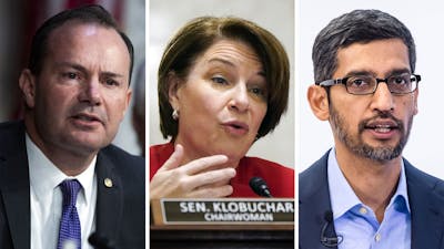 From left: Sens. Mike Lee and Amy Klobuchar, and Alphabet CEO Sundar Pichai. Photos by Bloomberg