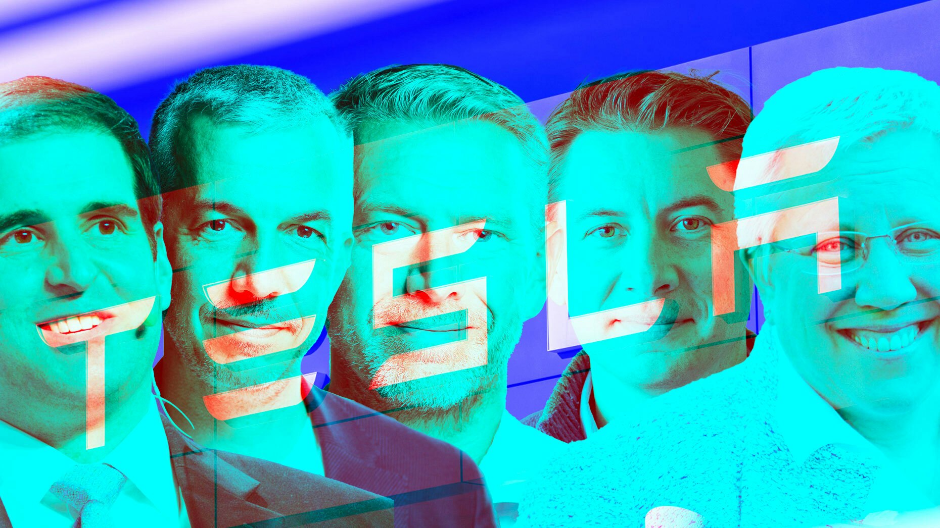 Left to right, Redwood Materials' JB Straubel, Northvolt's Paolo Cerruti and Peter Carlsson, American Battery's Ryan Melsert, and QuantumScape's Celina Mikolajczak. Photos: Bloomberg, Northvolt, ABTC, QuantumScape. Art by Mike Sullivan. 