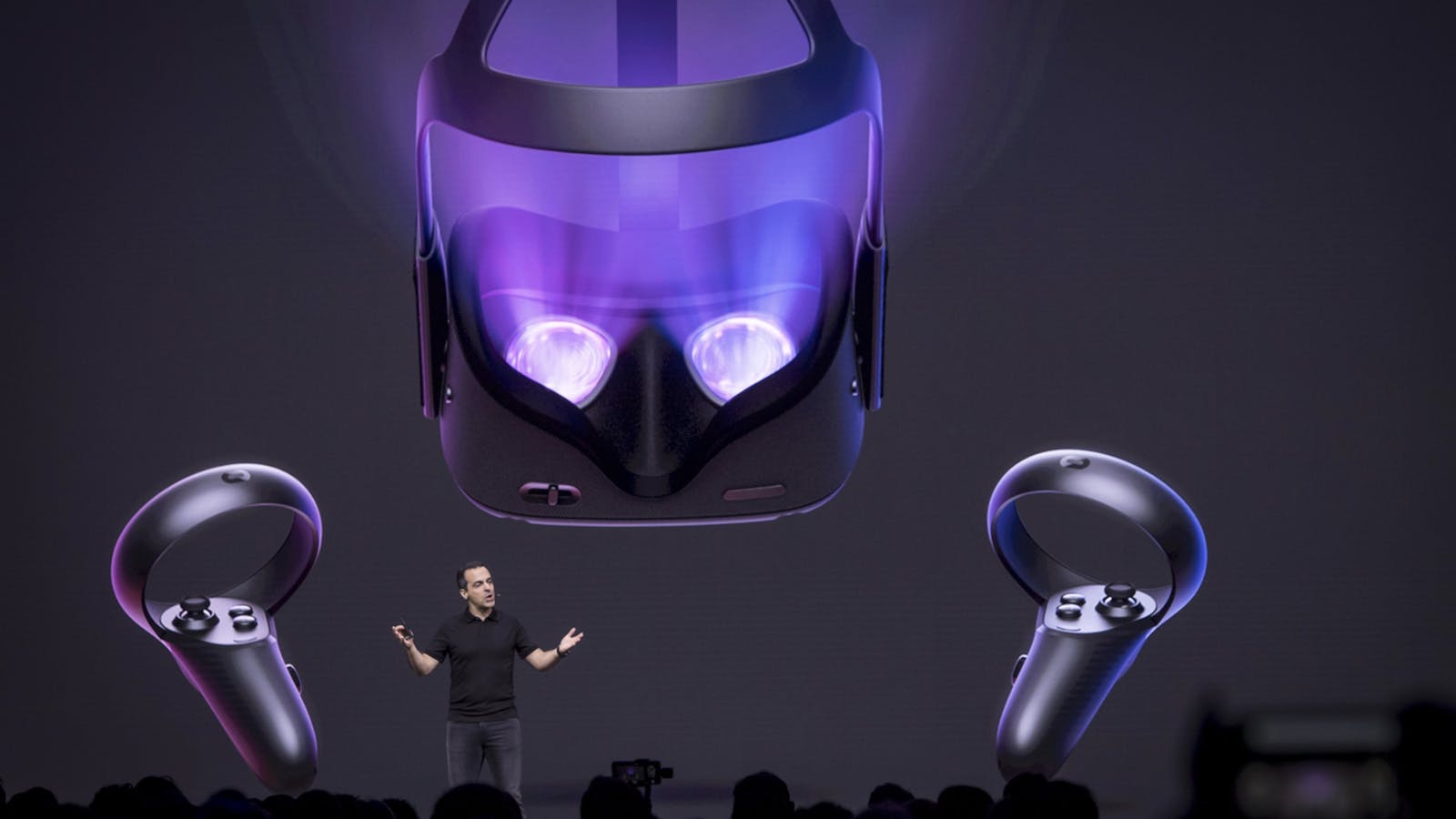 A stage presentation for the first Quest headset in 2018. Photo: Bloomberg.