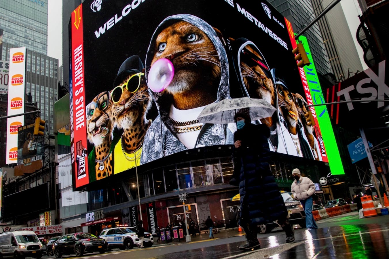 An advertisement for Big Cats NFT on an electronic billboard in Times Square, NY. Photo: Bloomberg