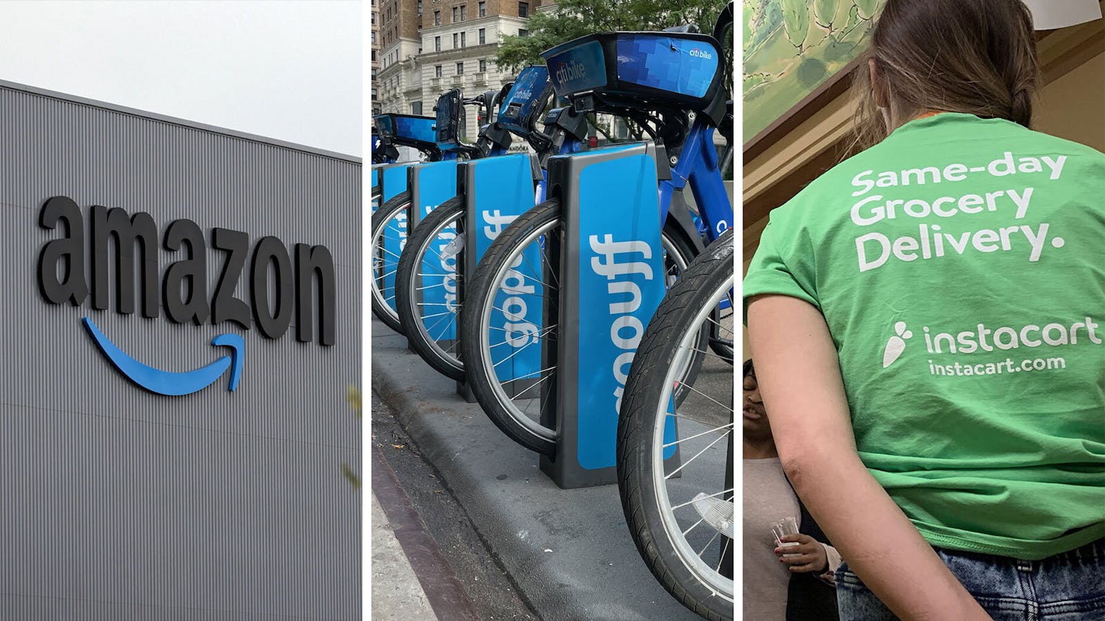 From left: An Amazon fulfillment center, GoPuff advertisements in NYC; Instacart workers in a grocery store. Photos by Bloomberg