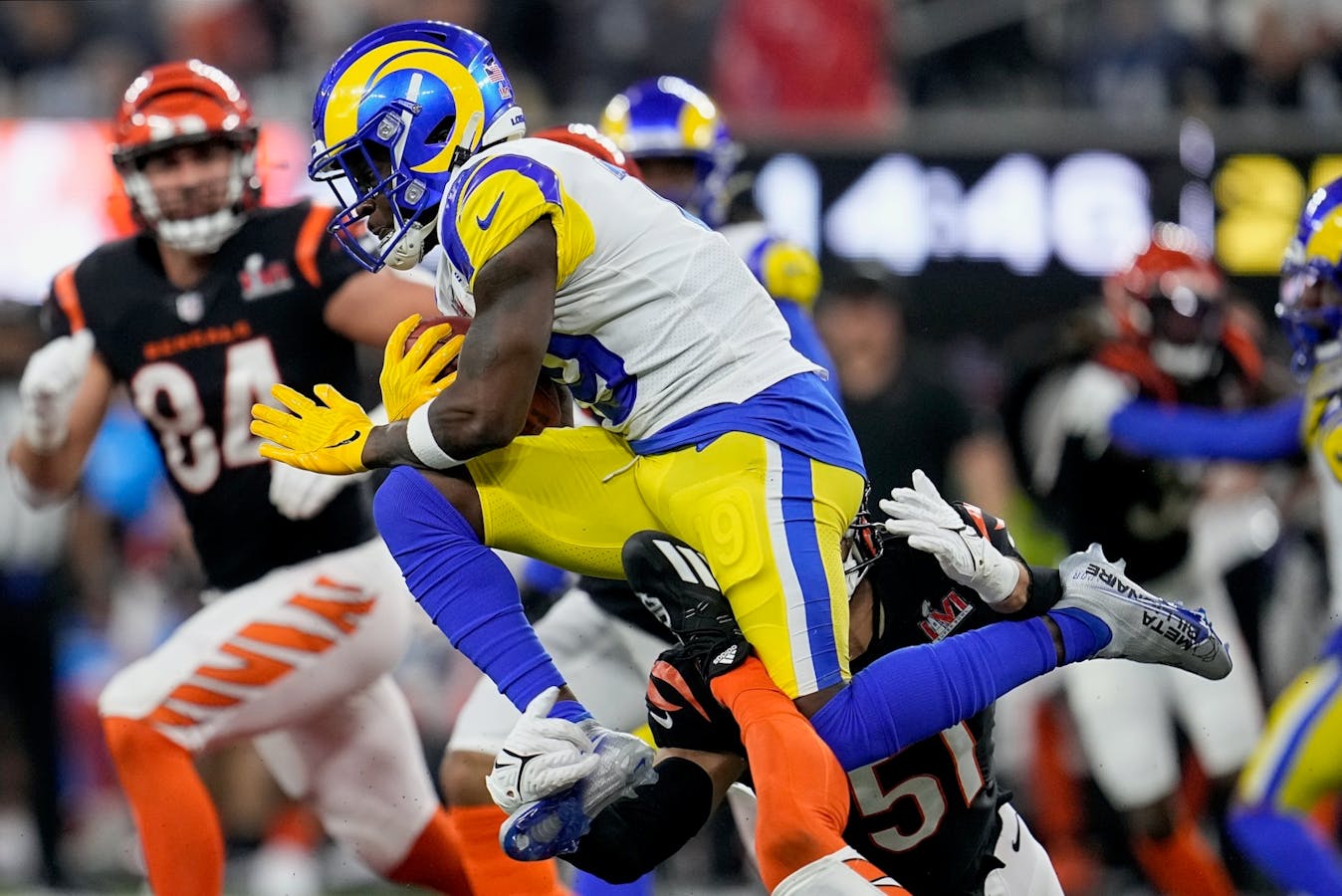 Los Angeles Rams wide receiver Brandon Powell carries the ball against the Cincinnati Bengals during the second half of the NFL Super Bowl 56 football game Sunday. Photo: AP