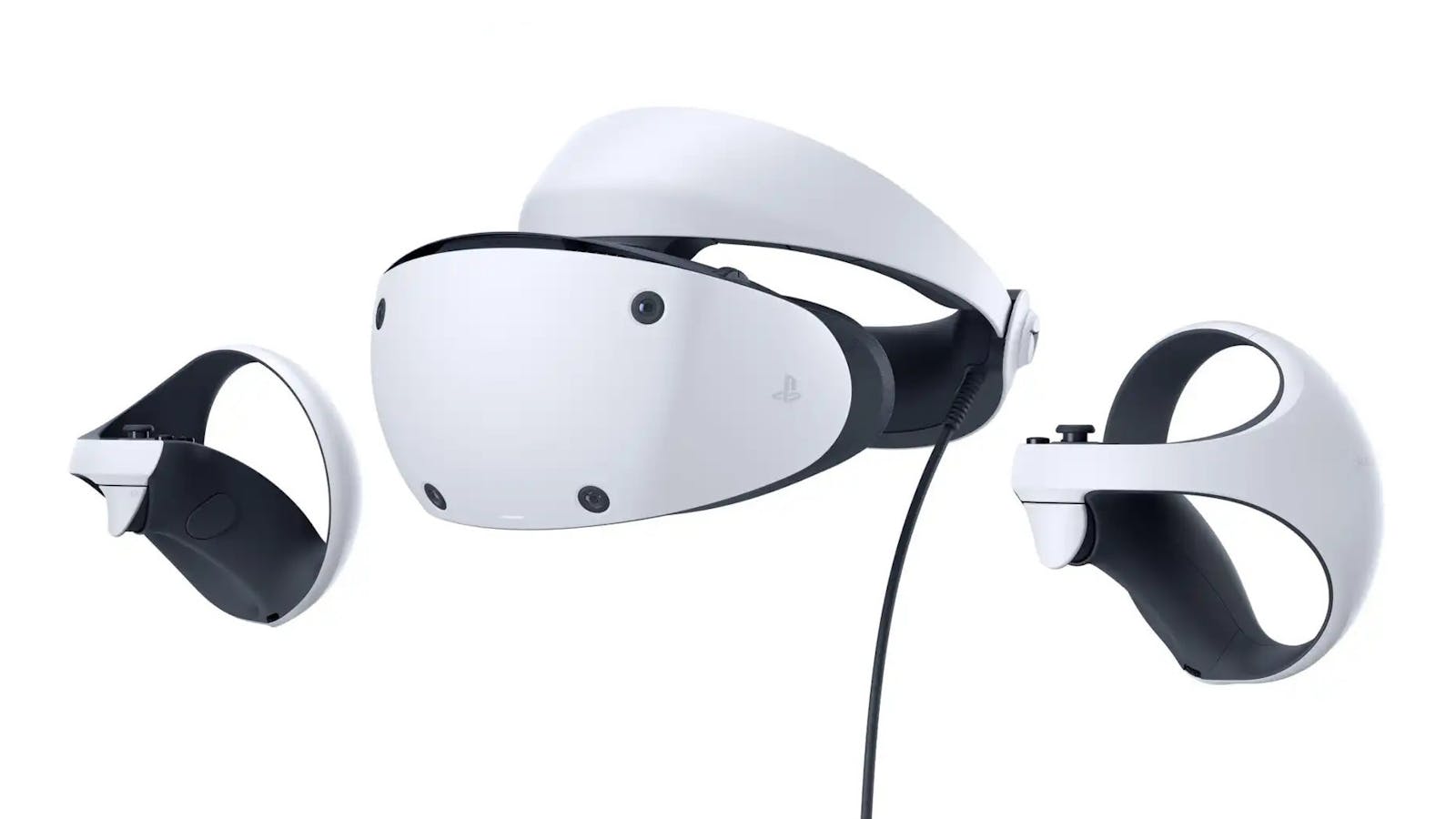 The PlayStation VR2 headset, flanked by right and left hand VR2 "Sense" controllers. Credit: Sony.