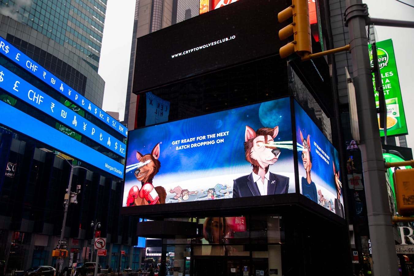 An advertisement for Crytpo Wolves Club NFT in Times Square, New York. Photo: Bloomberg