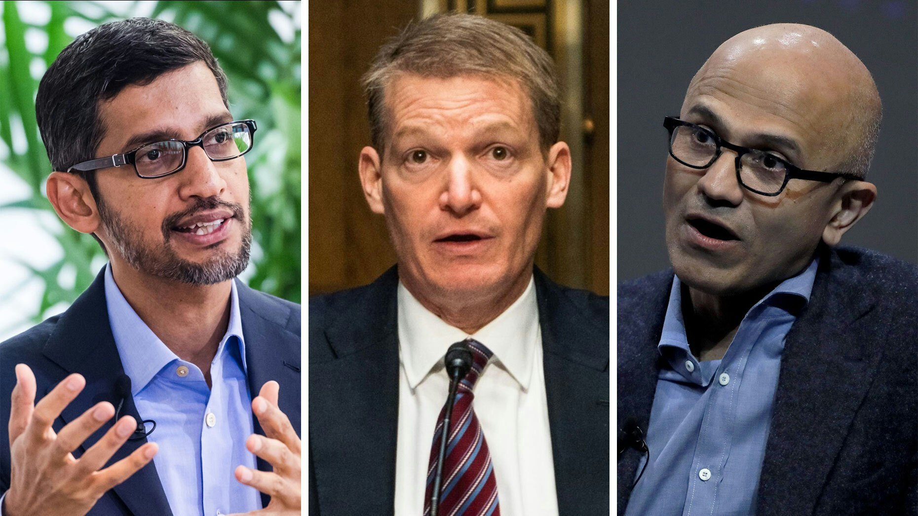 From left, Alphabet and Google CEO Sundar Pichai, Mandiant CEO Kevin Mandia, and Microsoft CEO Satya Nadella. Photos by Bloomberg