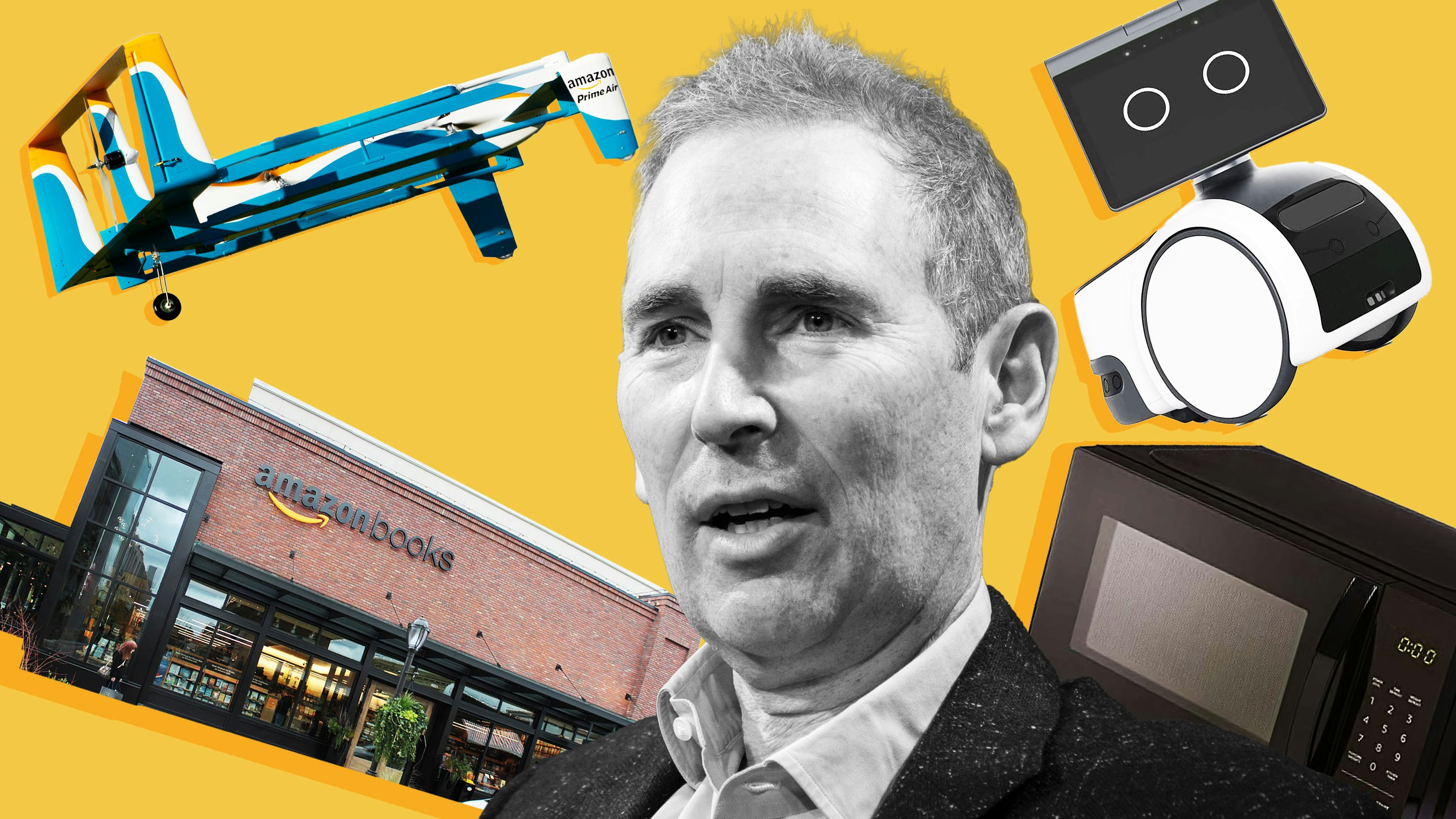 Amazon CEO Andy Jassy. Photos by Bloomberg; Amazon. Art by Mike Sullivan