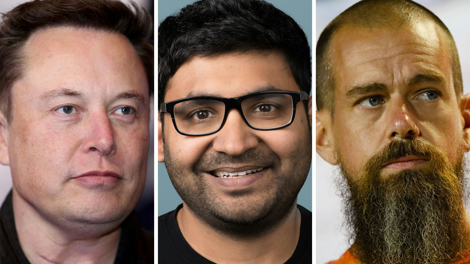 Elon Musk, Parag Agrawal and Jack Dorsey. Photos by Bloomberg.