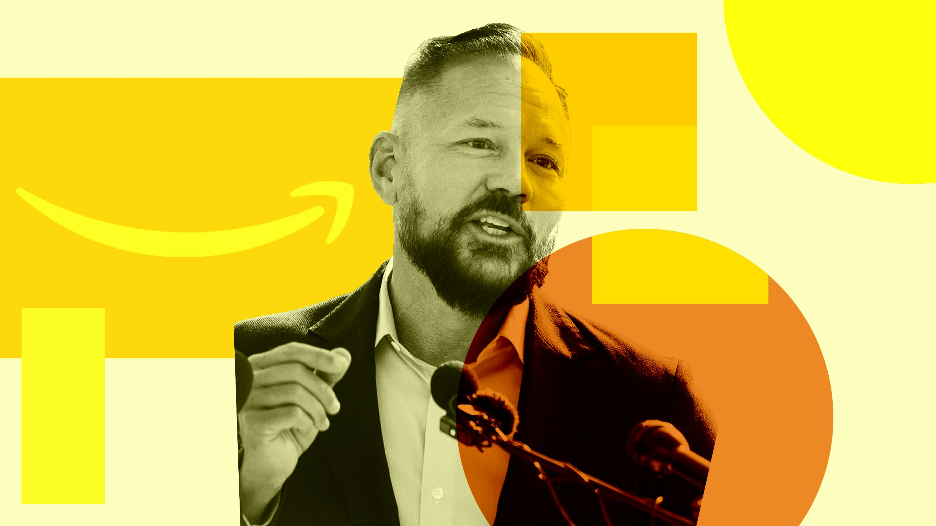 Photo of Amazon's Brian Huseman by Bloomberg. Art by Mike Sullivan