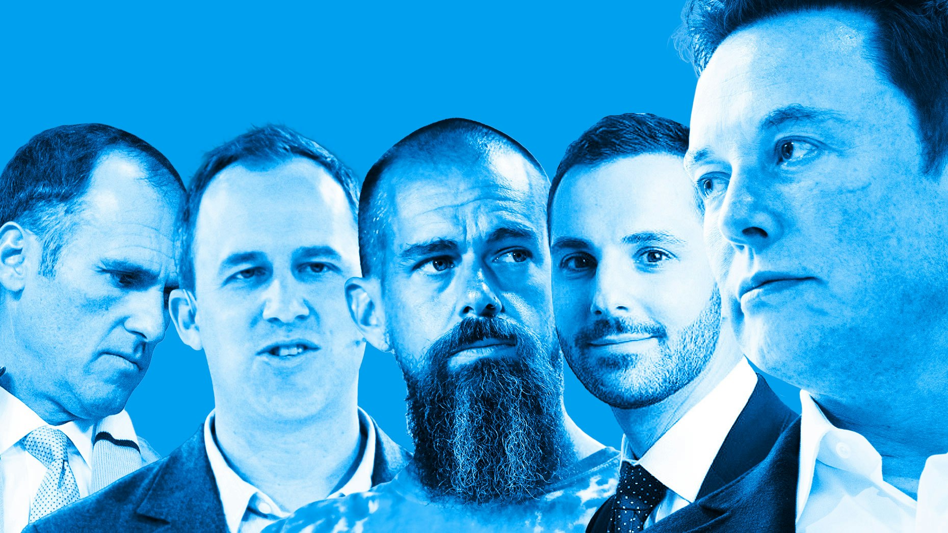 From left: Egon Durban, Bret Taylor, Jack Dorsey, Jesse Cohn and Elon Musk. Photos by Bloomberg and Getty. Art by Mike Sullivan