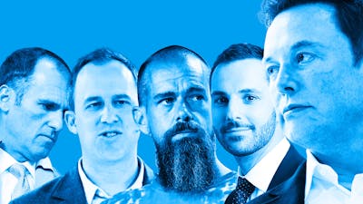 From left: Egon Durban, Bret Taylor, Jack Dorsey, Jesse Cohn and Elon Musk. Photos by Bloomberg and Getty. Art by Mike Sullivan