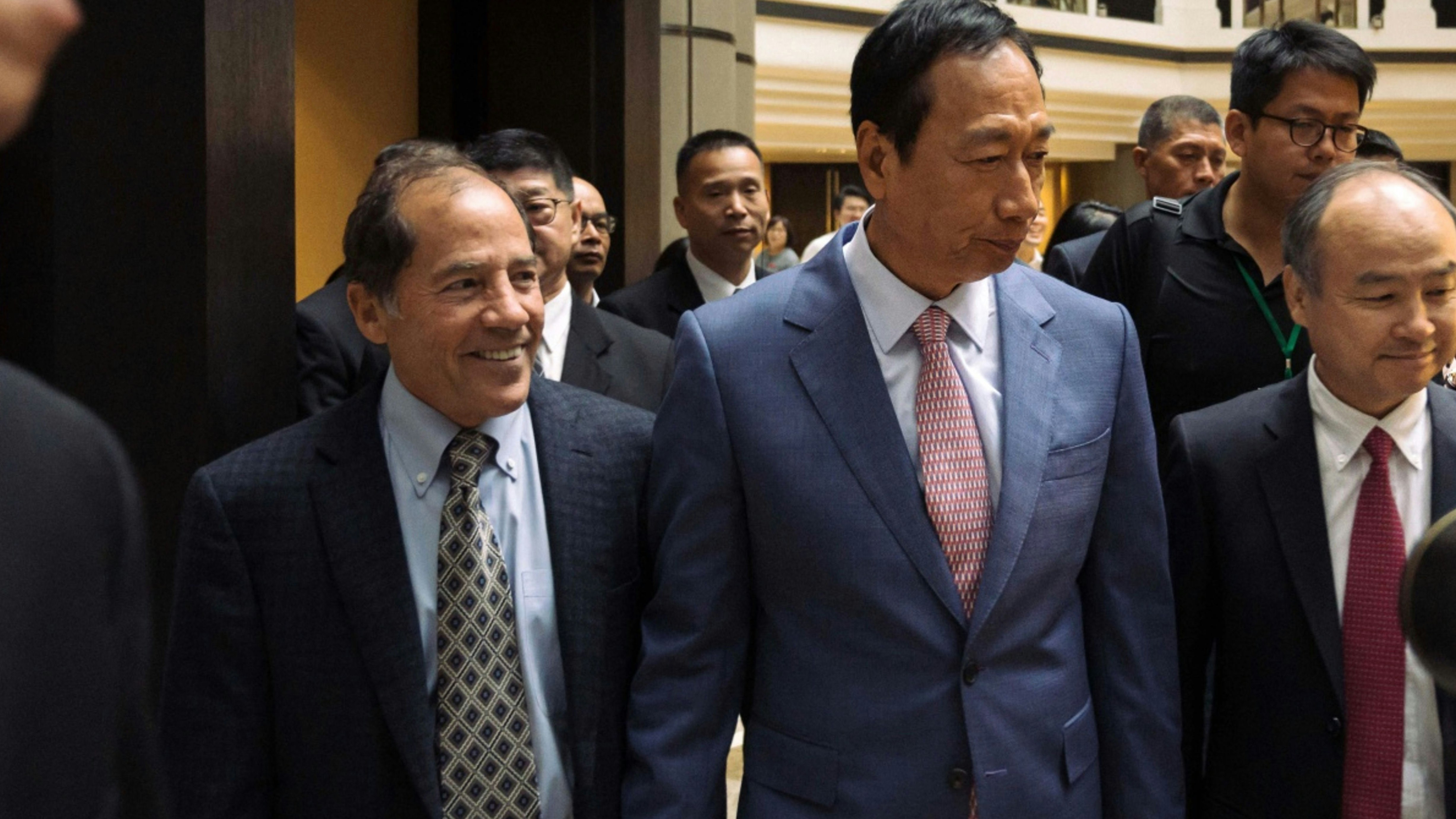 From left, former Katerra CEO Michael Marks, Foxconn founder Terry Gou and SoftBank Group CEO Masayoshi Son in Taiwan, 2019.