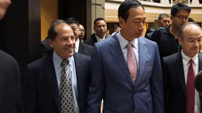 From left, former Katerra CEO Michael Marks, Foxconn founder Terry Gou and SoftBank Group CEO Masayoshi Son in Taiwan, 2019.