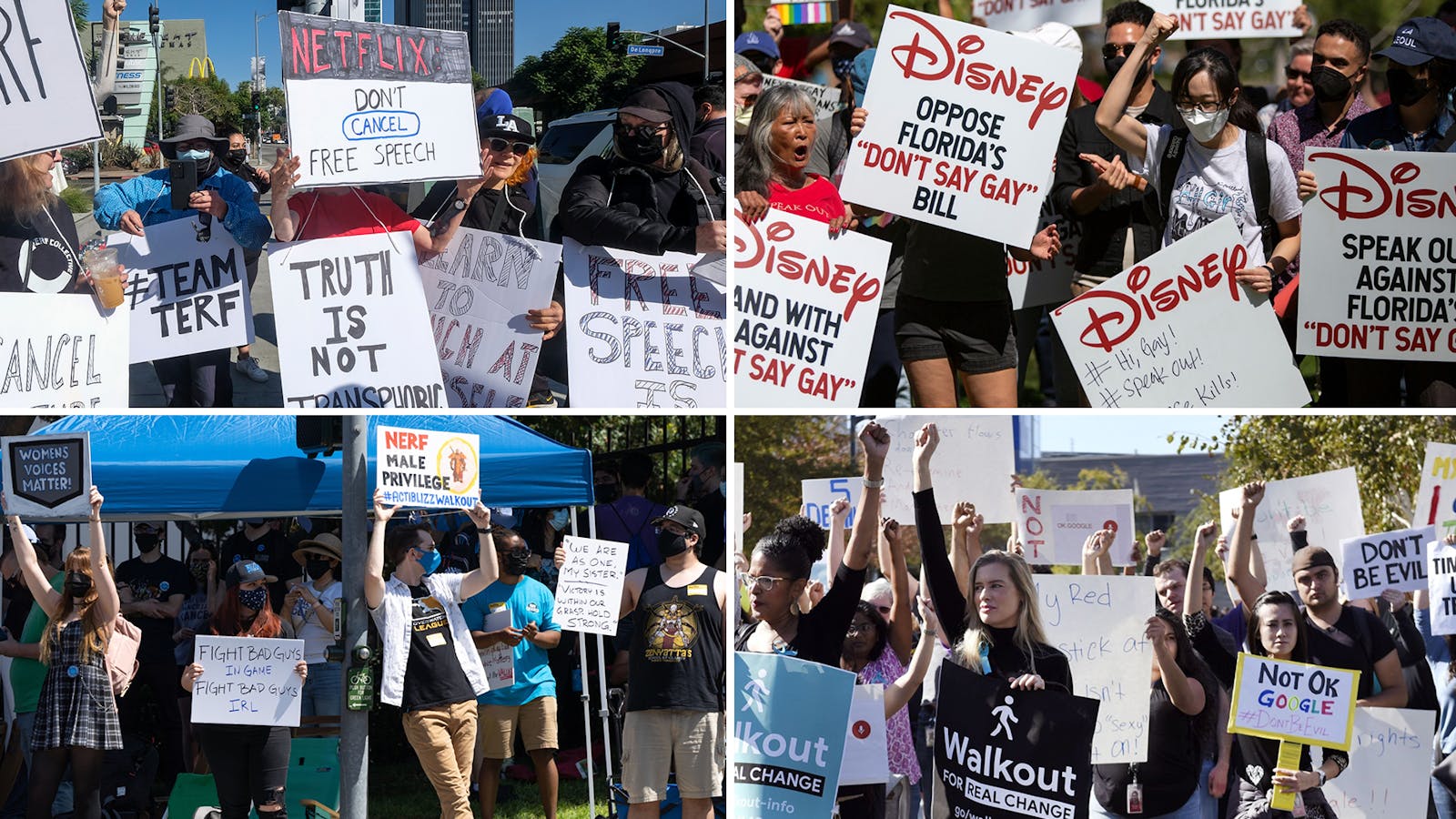 Clockwise from top left: Netflix employees walk out in support of transgender employees; Disney employees and demonstrators rally against Florida's "Don't Say Gay" bill; Google employees protest the company's handling of sexual misconduct allegations; Activision Blizzard employees protest the company's response to a sexual discrimination lawsuit. Photos by Bloomberg; AP