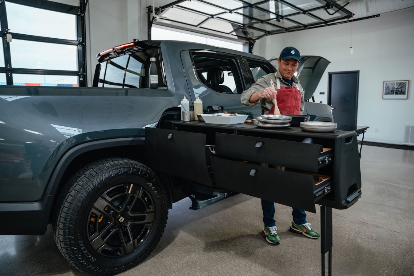 The Rivian R1T, with its pullout kitchen. Photo: Jamie Kelter Davis/Bloomberg
