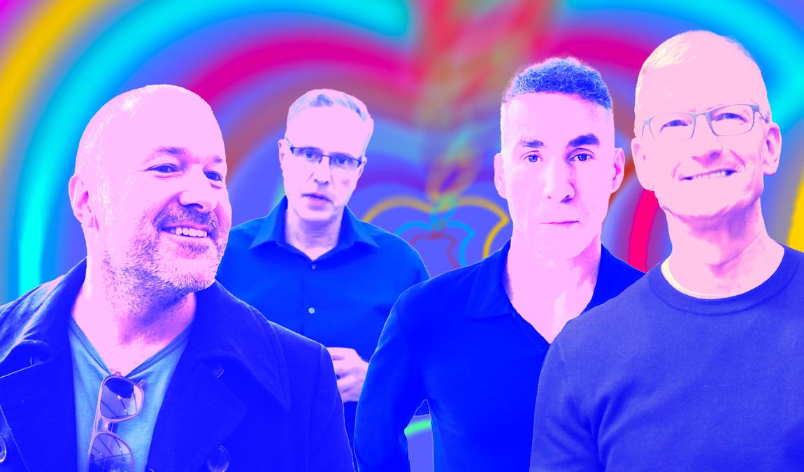 (L-R) Jonathan Ive, Johny Srouji, Dan Riccio and Tim Cook. Photos by Bloomberg; Apple. Art by Mike Sullivan
