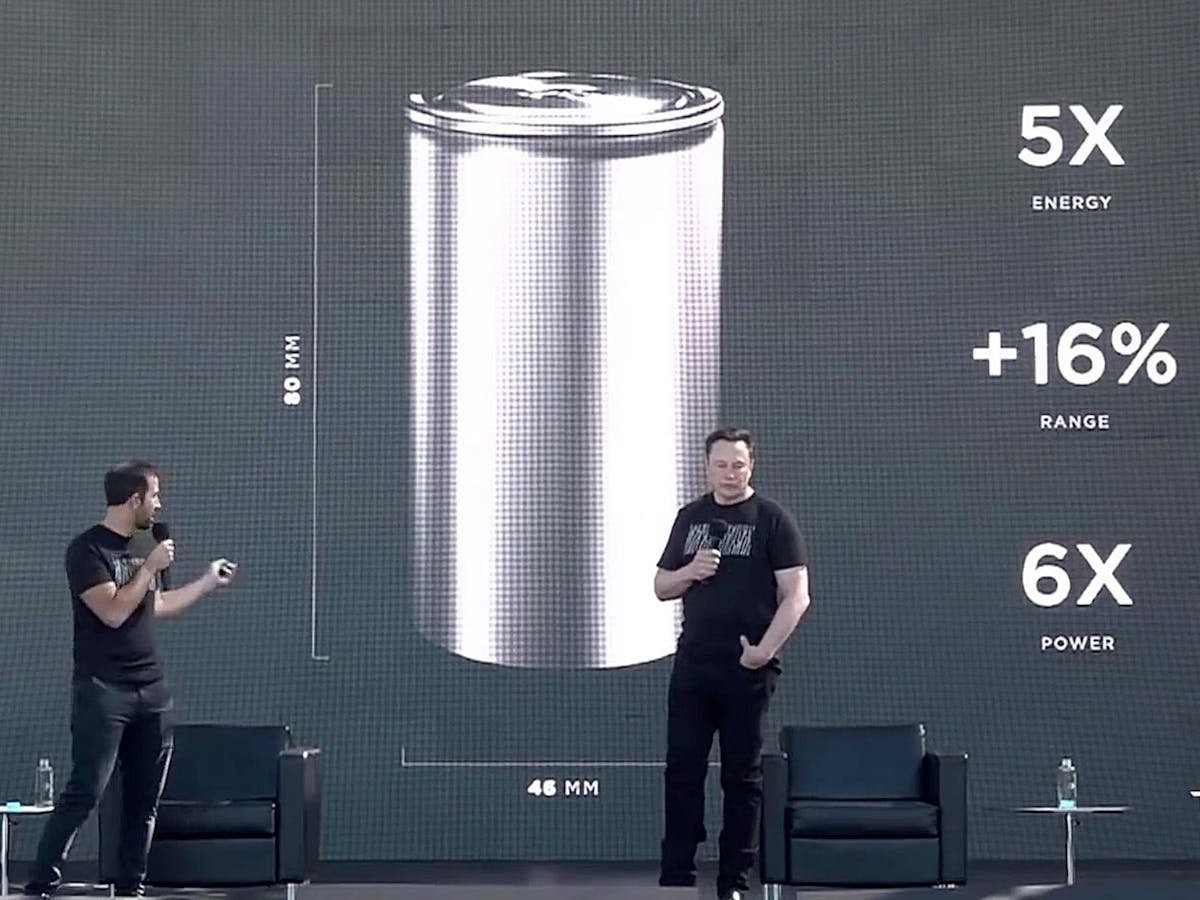 Musk and Drew Baglino, his chief of powertrain, revealed the 4680 battery concept on Battery Day, in September 2020. Photo: Courtesy Tesla 