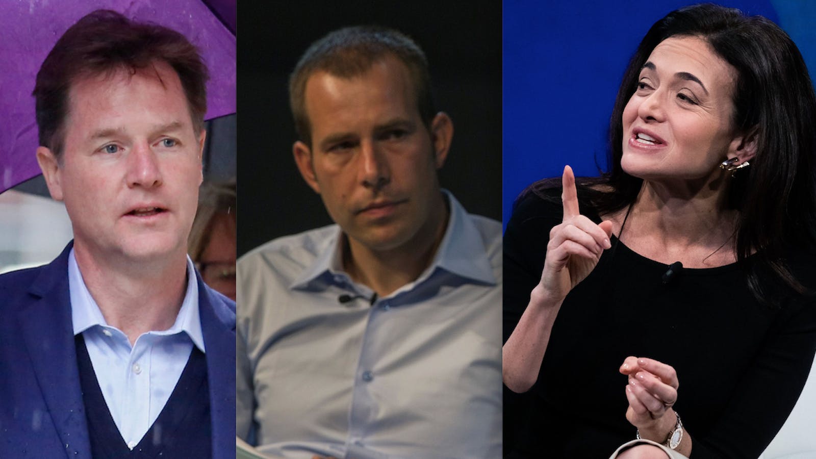 From left, Facebook policy chief Nick Clegg, incoming Chief Operating Officer Javier Olivan, and outgoing COO Sheryl Sandberg. Photos by Bloomberg