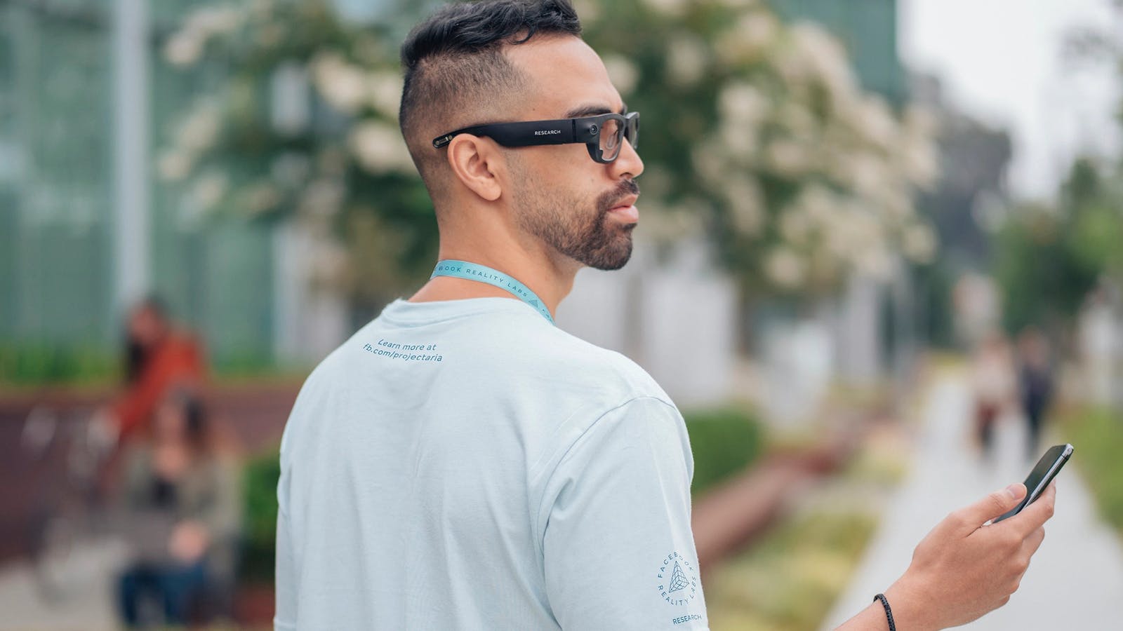A person wearing Meta's Project Aria glasses, a research device for AR hardware development. Photo: Meta Platforms.