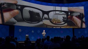 Meta Platforms CEO Mark Zuckerberg talking about AR glasses at F8 in 2017. Photo: Bloomberg.