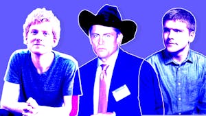 From left: Stripe's Patrick Collison, Mike Clayville and John Collison. Images via Stripe; YouTube. Art by Mike Sullivan