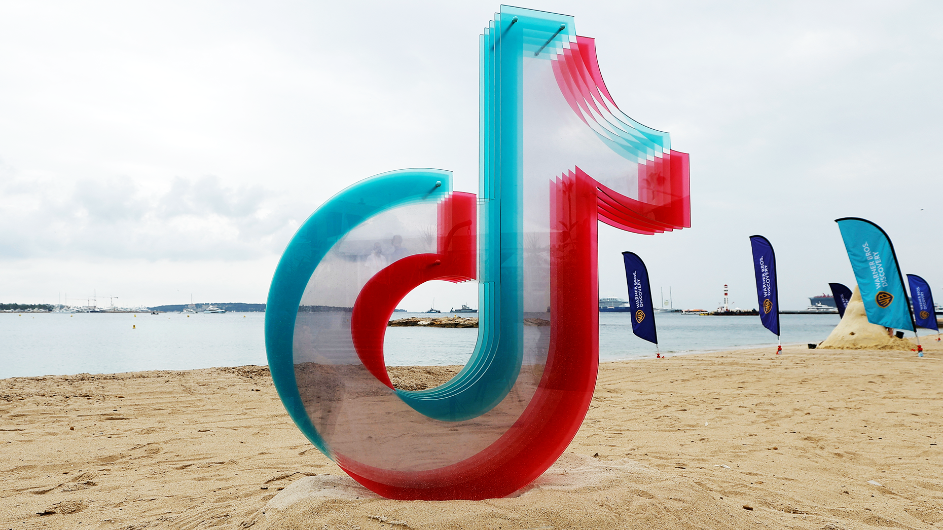 TikTok's logo on the beach at Cannes this week. Photo by Reuters.