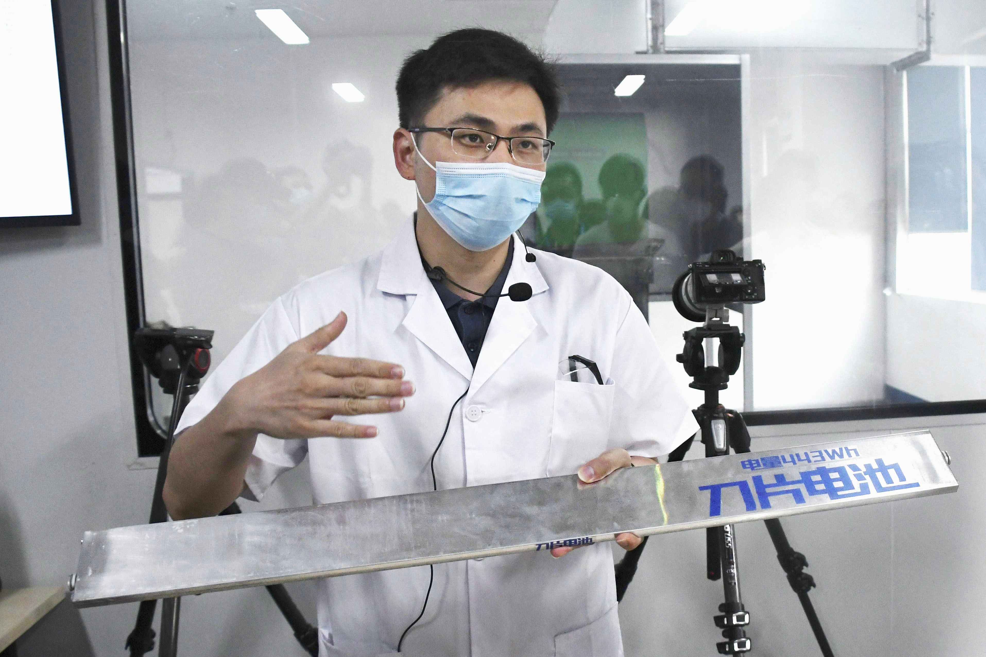 Byd's cell-to-pack Blade battery, clashing with the typical boxy or cylindrical cell shape. Photo: Kyodo/AP