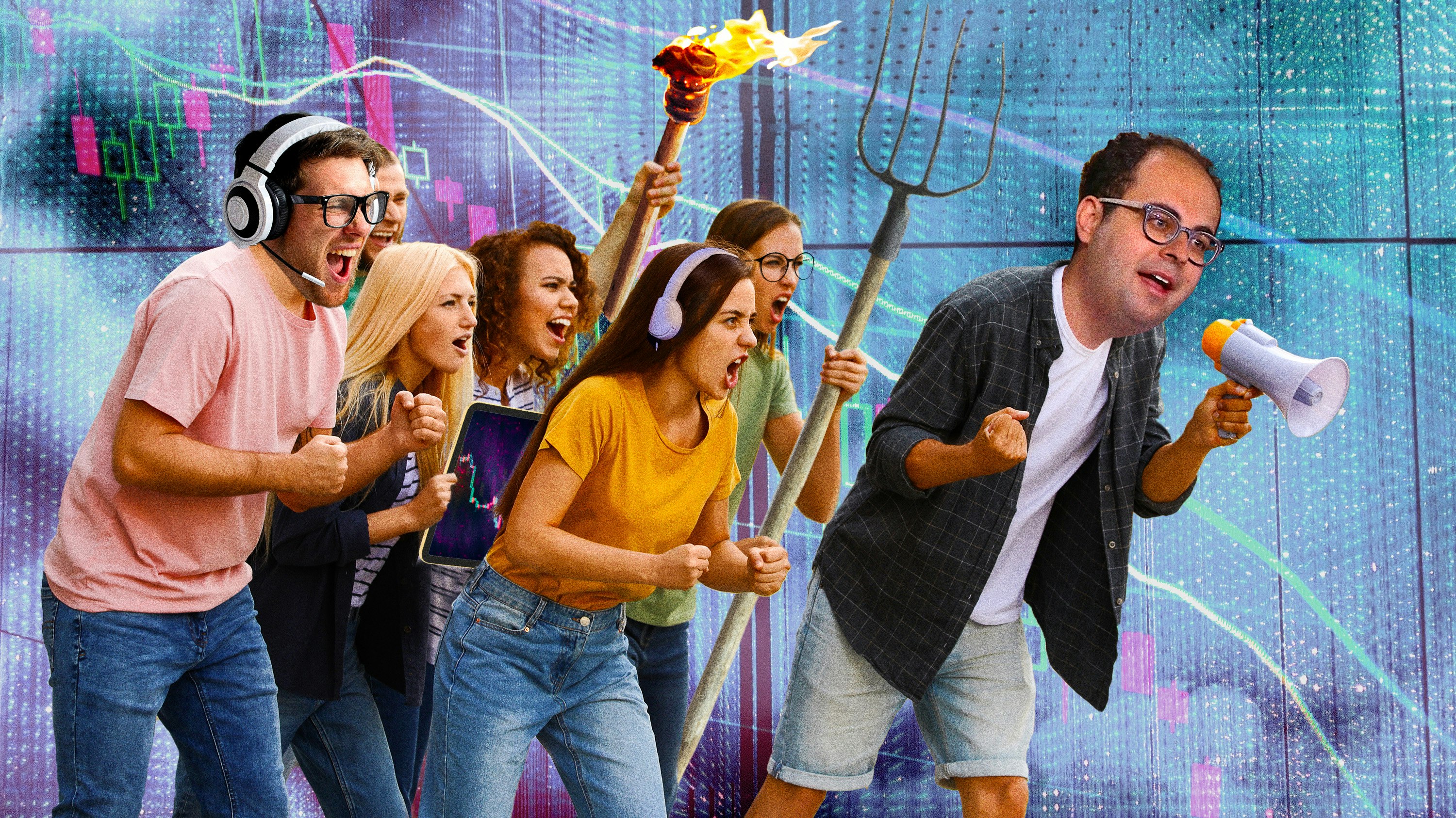 DoNotPay CEO Joshua Browder leads a crypto horde into battle. Art by Clark Miller.