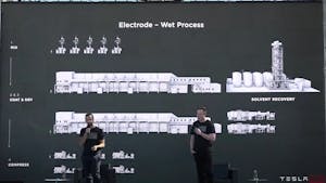 Tesla CEO Elon Musk and Drew Baglino, senior vice president for power train, introduce dry battery electrodes on Battery Day in September 2020. Photo: Tesla