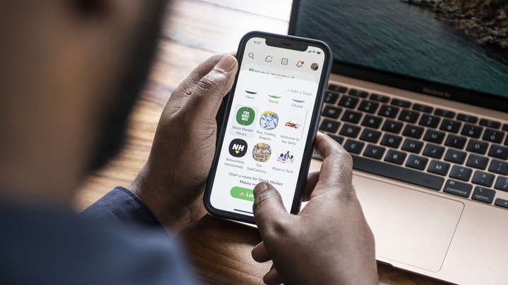 Dion Foxworth, co-host of the “Stock Market Moves” show, using the Clubhouse app in February 2021. Photo: Bloomberg