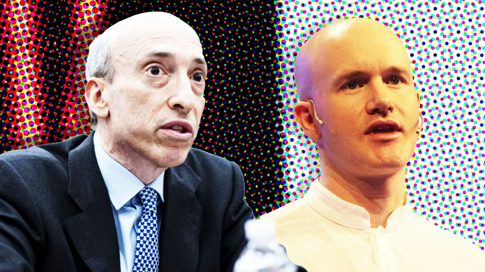 SEC Chairman Gary Gensler and Coinbase CEO Brian Armstrong. Art by Mike Sullivan. 