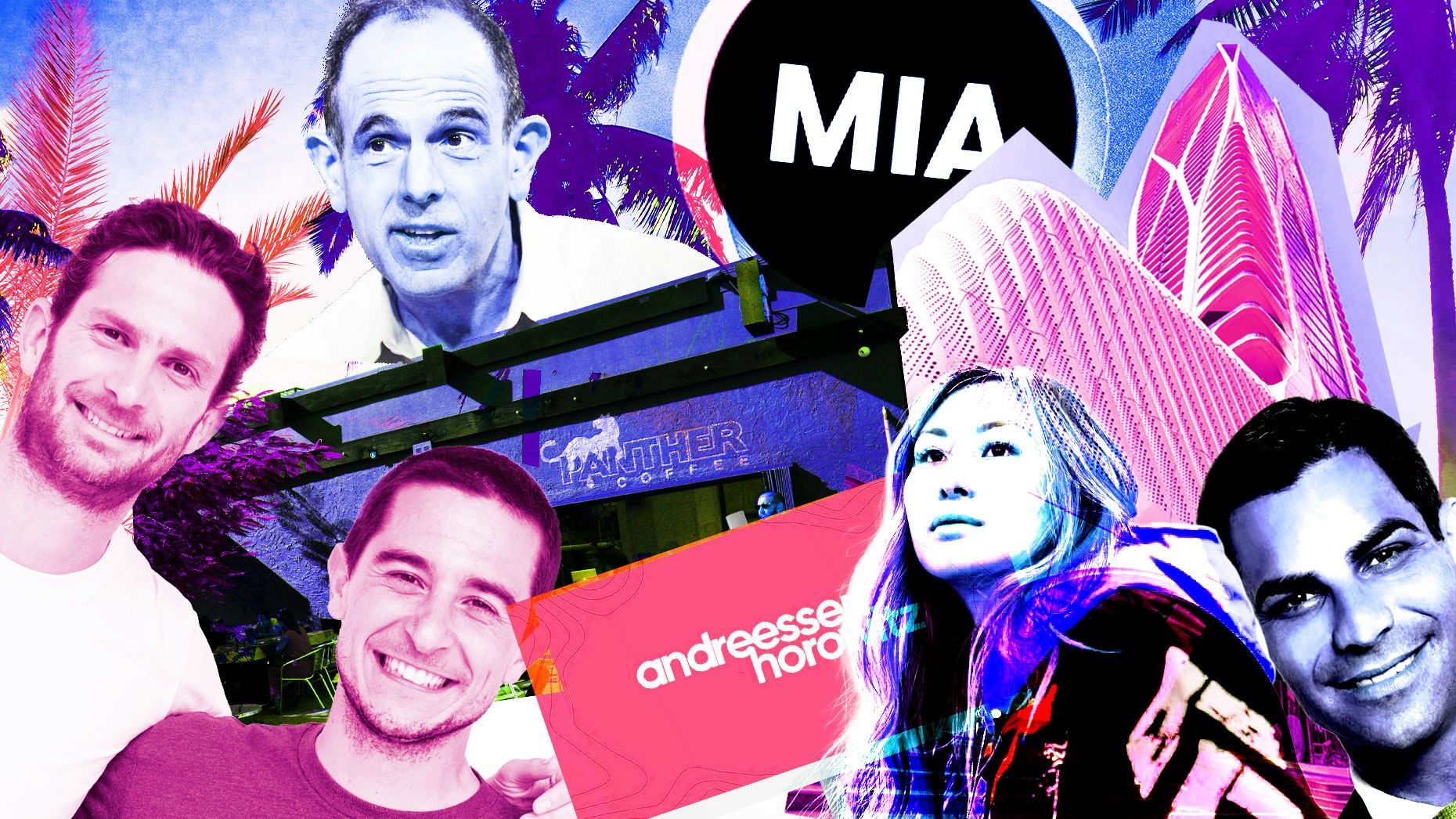 Clockwise from top-left: Keith Rabois; Mayor Francis Saurez; Lucy Guo; Animo Ventures founders Antonio Osio and Nico Berardi. Art by Mike Sullivan