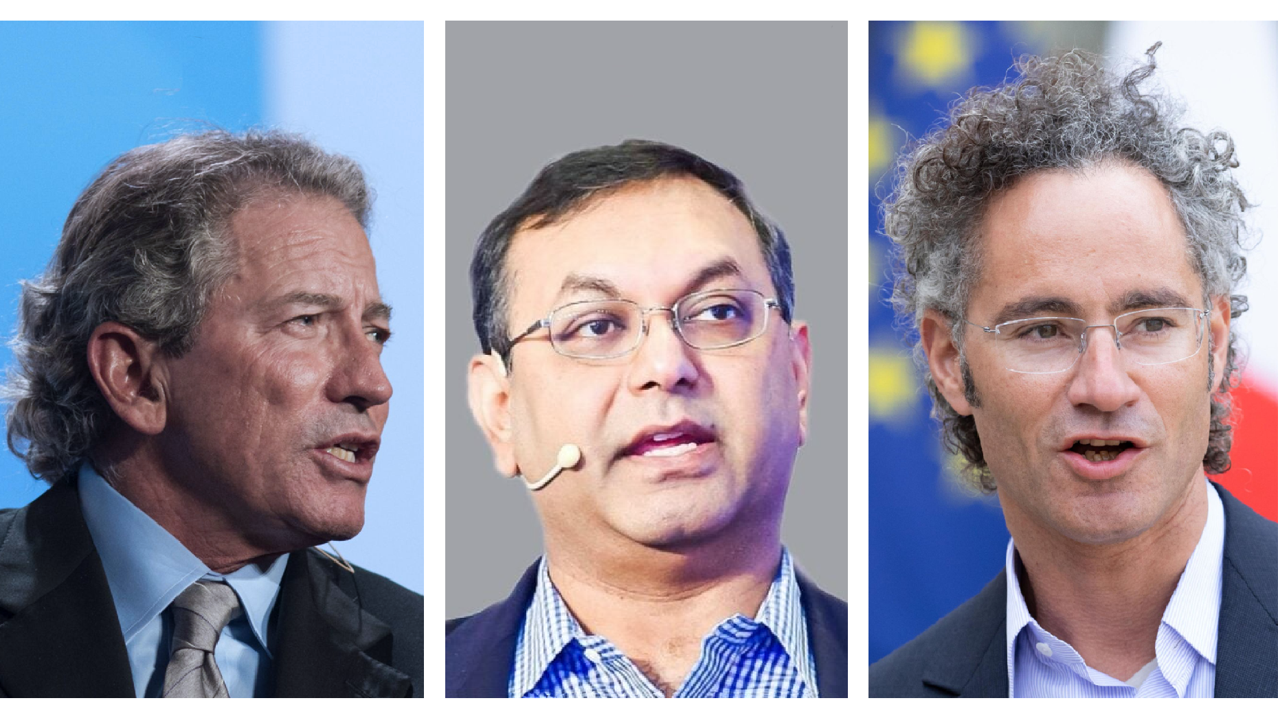 From left, C3.ai CEO Thomas Siebel, DataRobot interim CEO Debanjan Saha, and Palantir CEO Alex Karp. Photos by Bloomberg, DataRobot