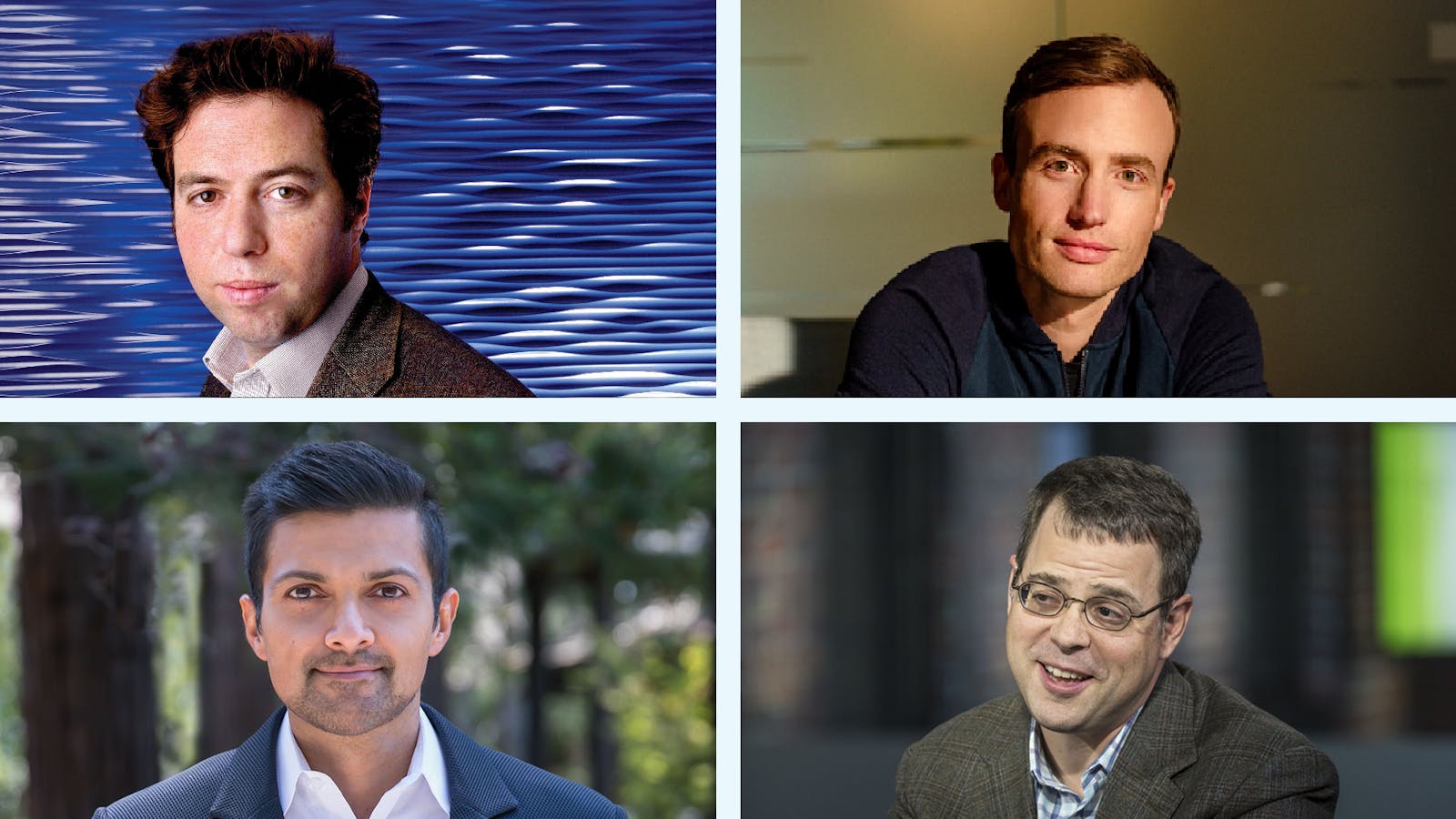From top left, clockwise: Index Ventures' Danny Rimer, Sequoia Capital's Andrew Reed, Kleiner Perkins' Mamoon Hamid, and Greylock Partners' John Lilly. Photos by Bloomberg, Sequoia Capital and Kleiner Perkins