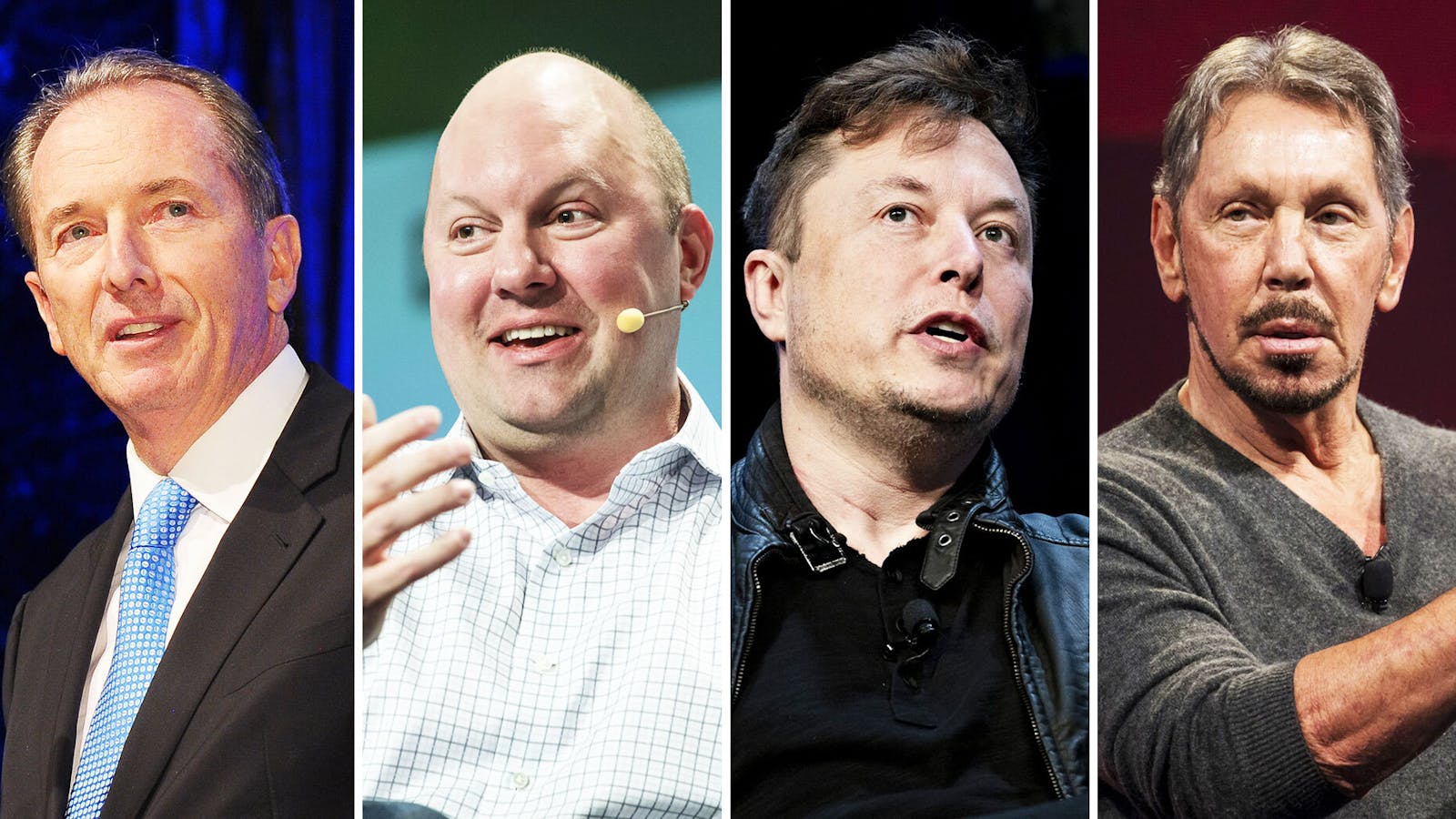 Jim Gorman, Marc Andreessen, Elon Musk and Larry Ellison. Photos by Getty, Bloomberg.